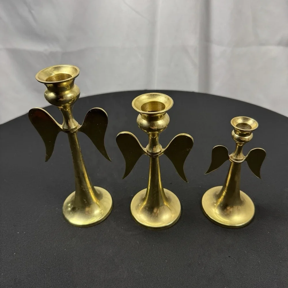 Vintage Solid Brass Candle Stick Holders Graduated‎ Angels Wings Set Of 3 India